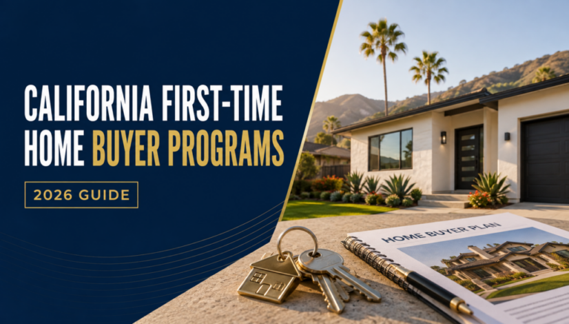 California first-time home buyer programs 2026 guide featuring a California home, house keys and a home buyer plan.