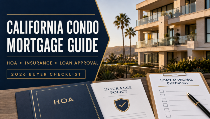 California condo buyer reviewing HOA, insurance and mortgage approval documents in 2026