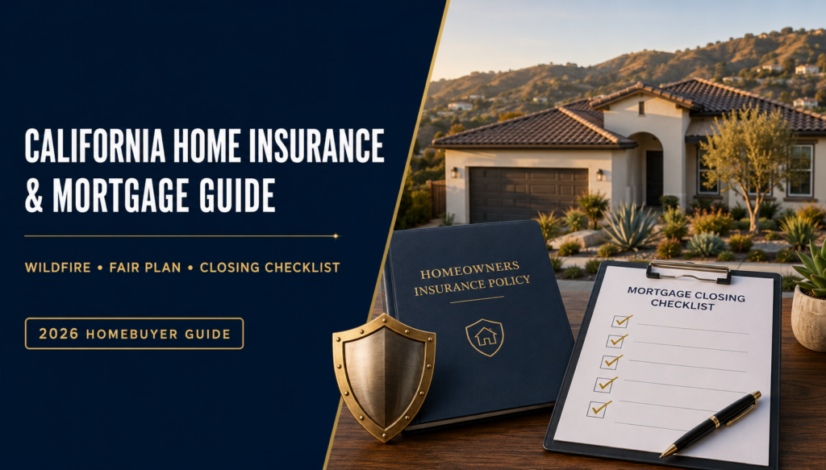 California homebuyer reviewing homeowners insurance and mortgage approval documents before closing in 2026