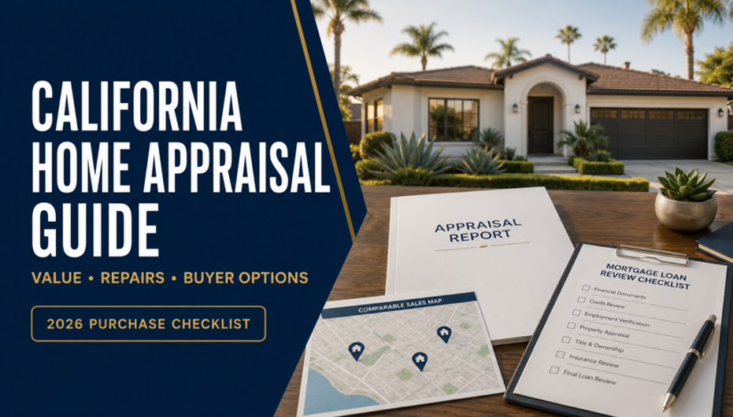 California homebuyer reviewing a 2026 appraisal report, comparable sales and mortgage approval checklist