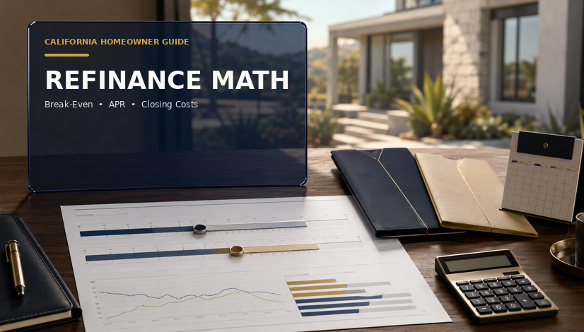 : California homeowner reviewing mortgage refinance closing costs, monthly savings and break-even timeline