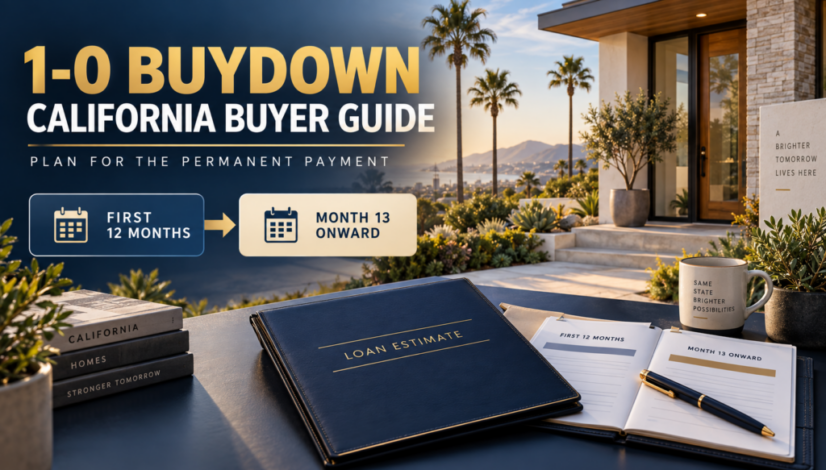 California homebuyer reviewing a 1-0 temporary mortgage buydown payment plan for an eligible purchase