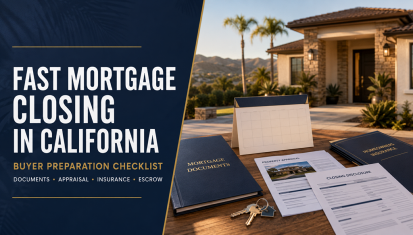 California homebuyer fast mortgage closing checklist with documents, appraisal, insurance and escrow milestones