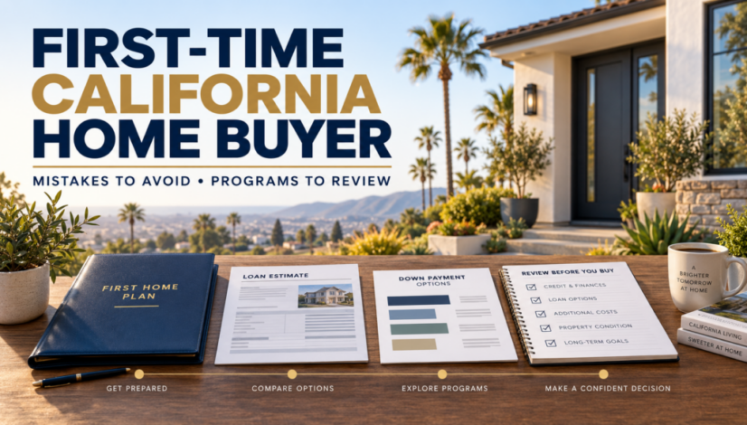 First-time California home buyer reviewing mortgage mistakes, assistance programs and buying checklist