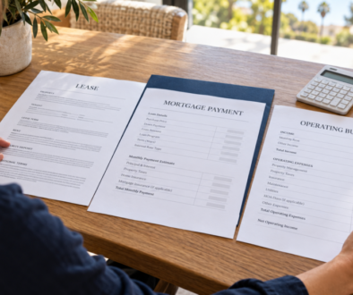 Rental property investor reviewing a lease, mortgage payment estimate and operating budget in a California home.