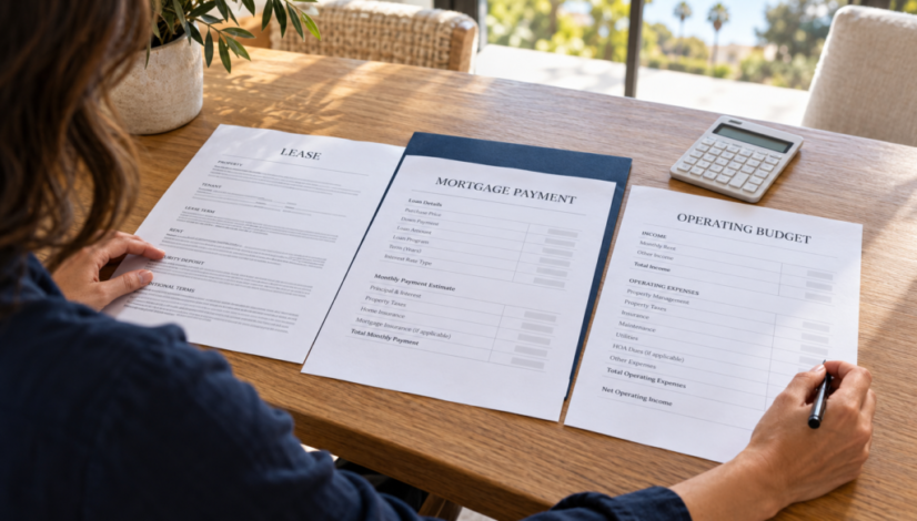 Rental property investor reviewing a lease, mortgage payment estimate and operating budget in a California home.