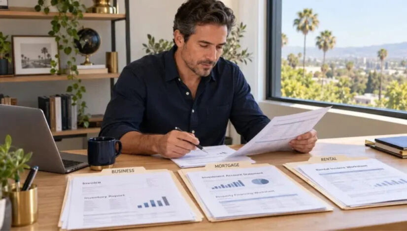 Business owner reviewing invoices, an inventory report and property financing documents